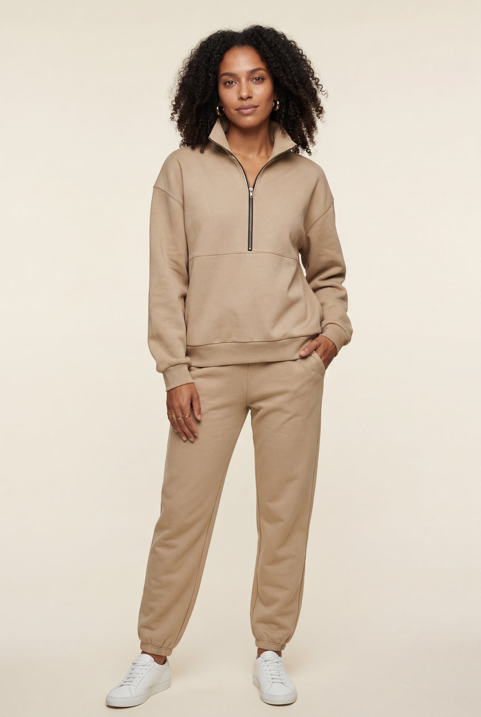 Beige Women's Warm Beige Relaxed Half-Zip Sweatshirt and Jogger Set - Loungewear set - Photo 1
