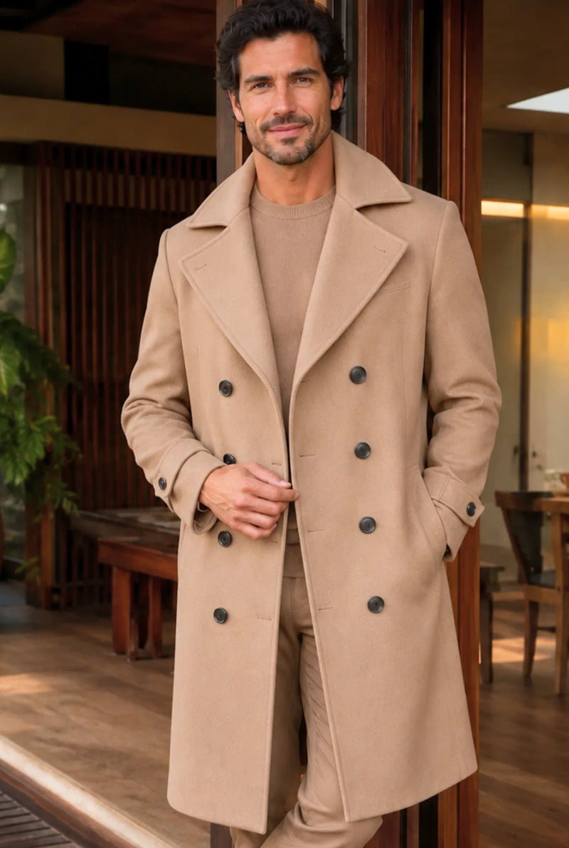 Wool-Blend Double-Breasted Overcoat in Beige — front view