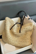 Woven Oversized Tote Bag in Beige — front view