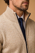Zip-Front Knit Cardigan in Beige — studio angle