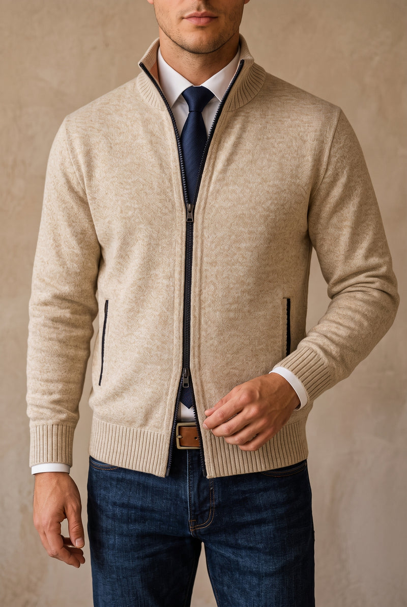 Zip-Front Knit Cardigan in Beige — studio front