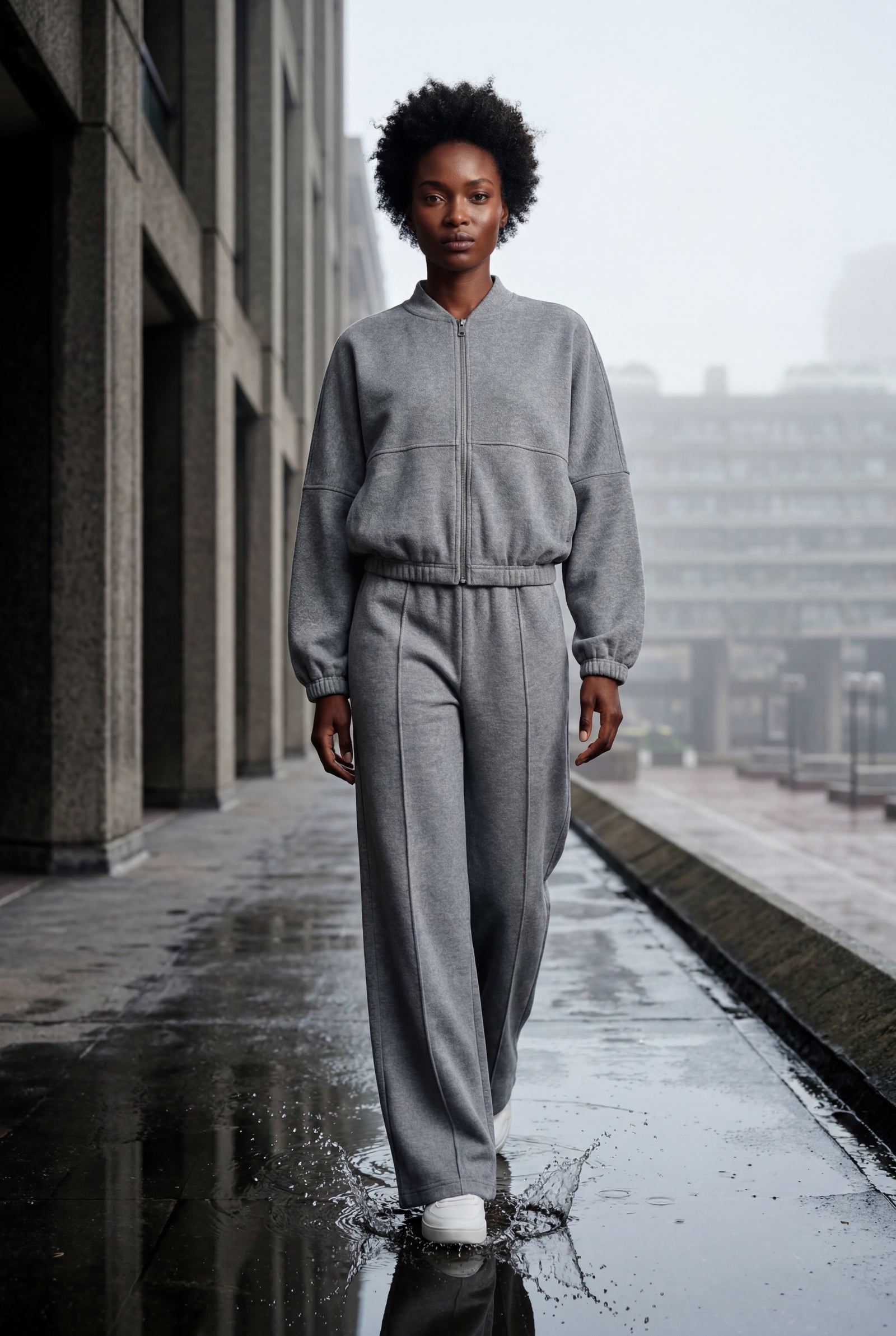 Gray Zip-up Bomber Jacket Wide-leg Tracksuit Set - Photo 13