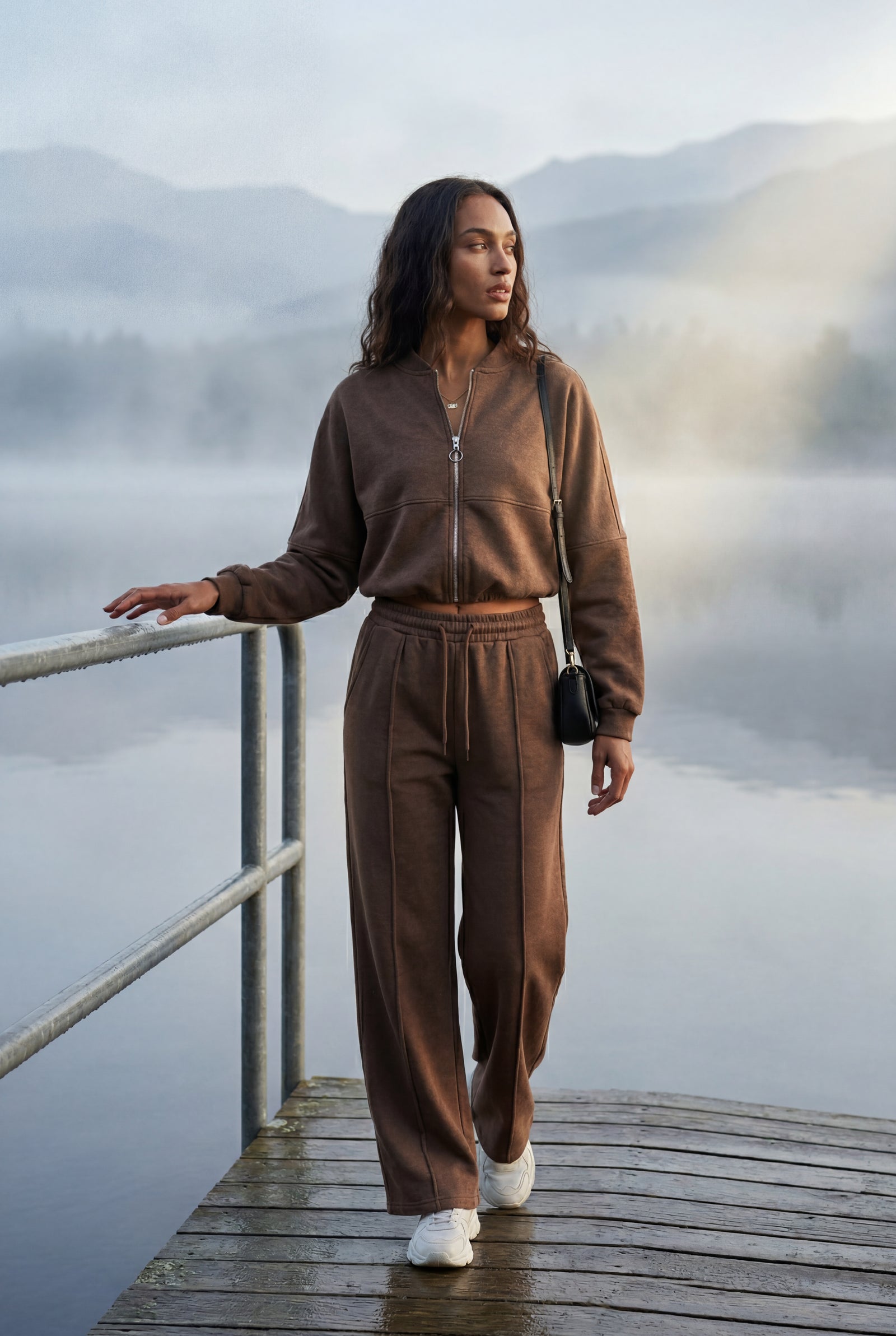 Dark Brown Zip-up Bomber Jacket Wide-leg Tracksuit Set - Photo 16