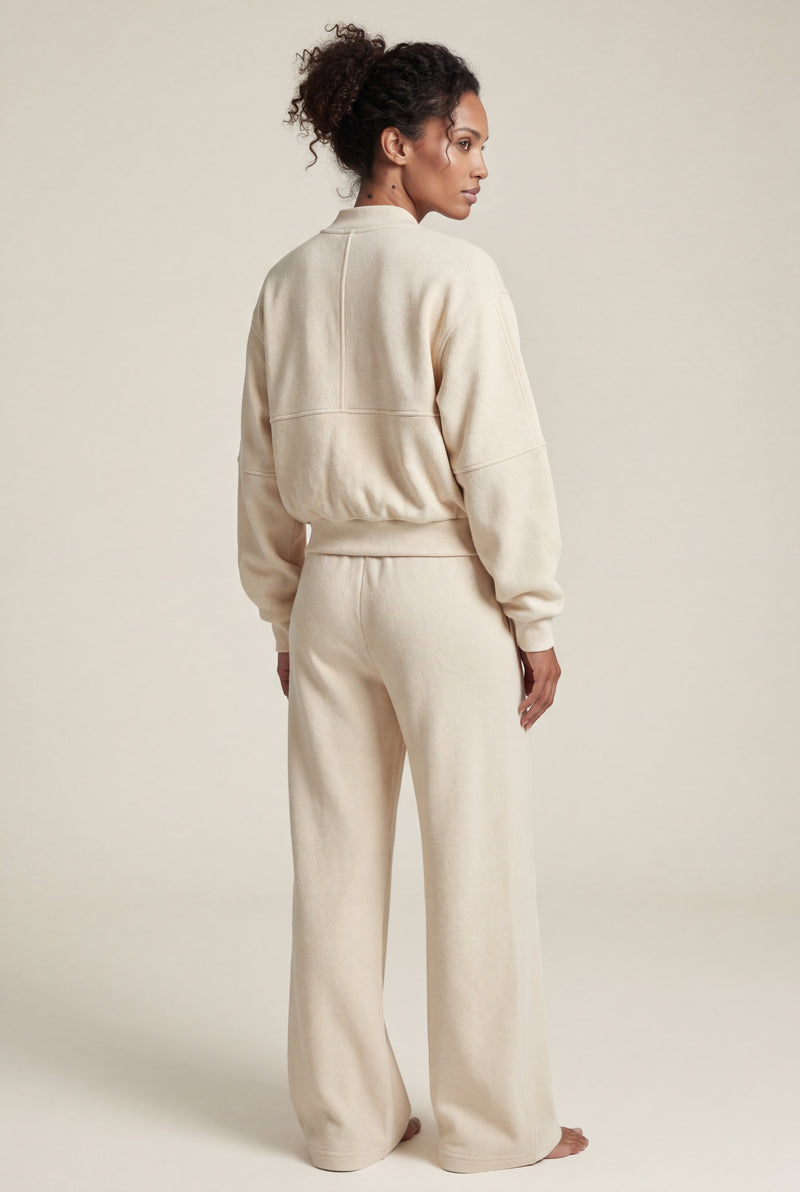 Beige Zip-up Bomber Jacket Wide-leg Tracksuit Set - Photo 2