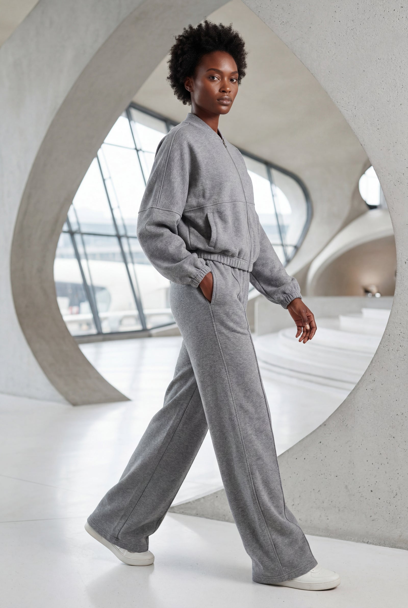 Gray Zip-up Bomber Jacket Wide-leg Tracksuit Set - Photo 5