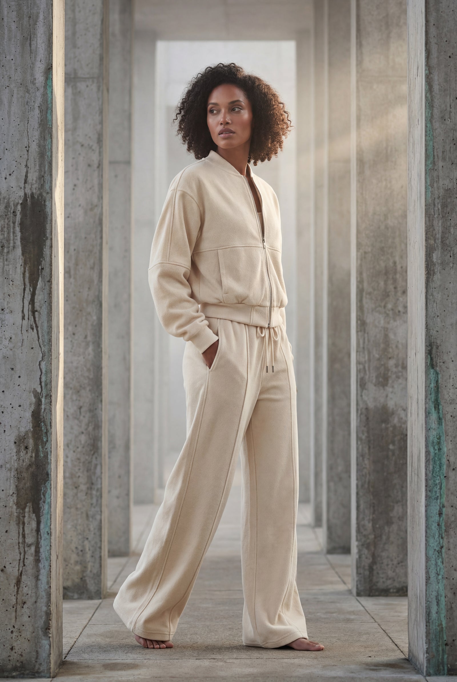 Beige Zip-up Bomber Jacket Wide-leg Tracksuit Set - Photo 6