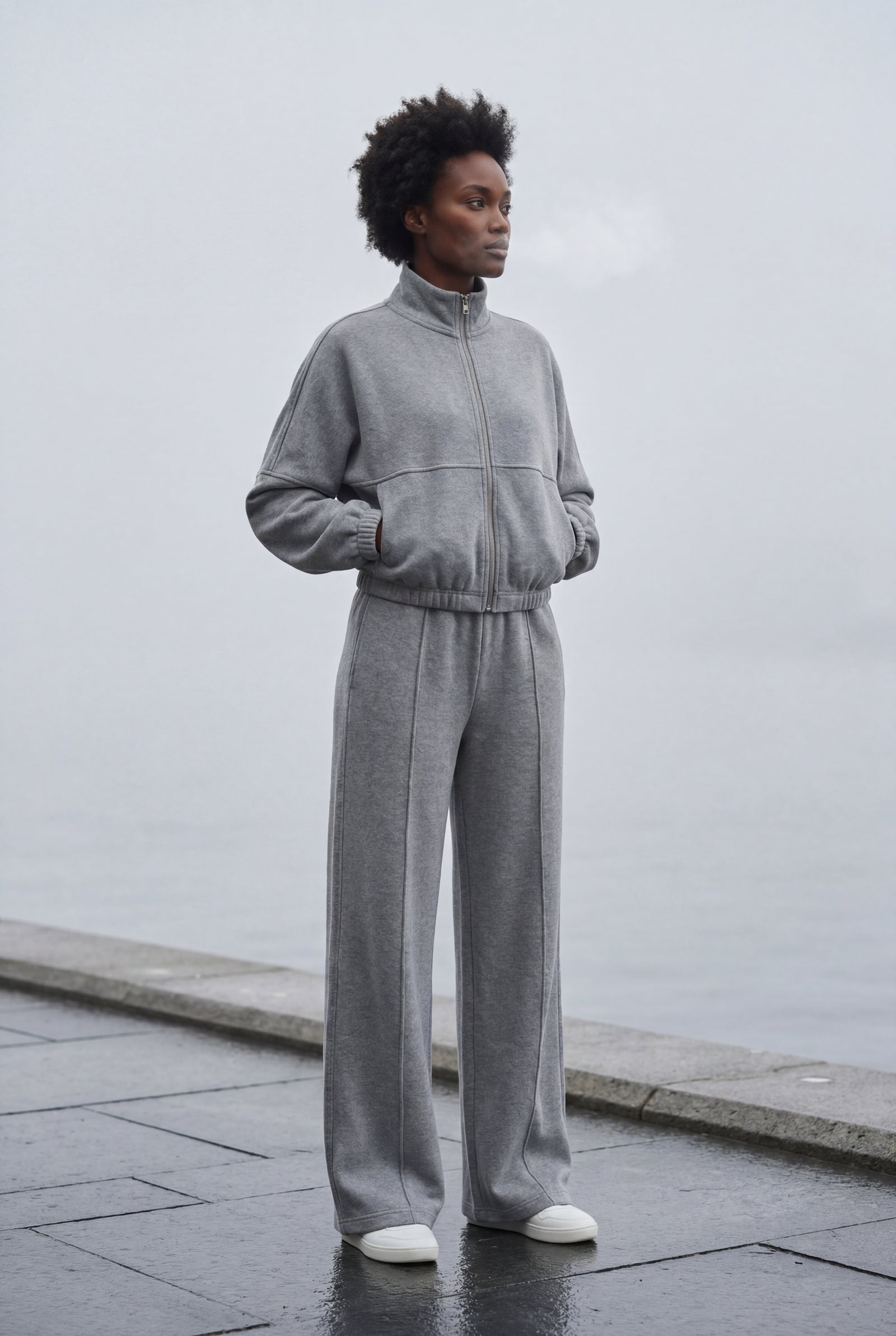 Gray Zip-up Bomber Jacket Wide-leg Tracksuit Set - Photo 9