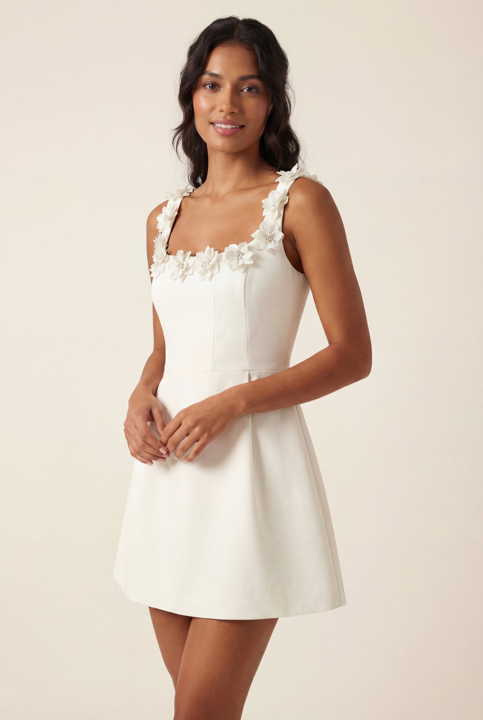White 3d Floral Applique A-line Mini Dress with Scoop Neckline - Photo 8
