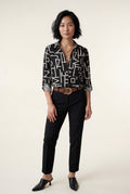 Black Abstract Print Button-up Blouse with Roll-tab Sleeves - Blouses - Photo 1
