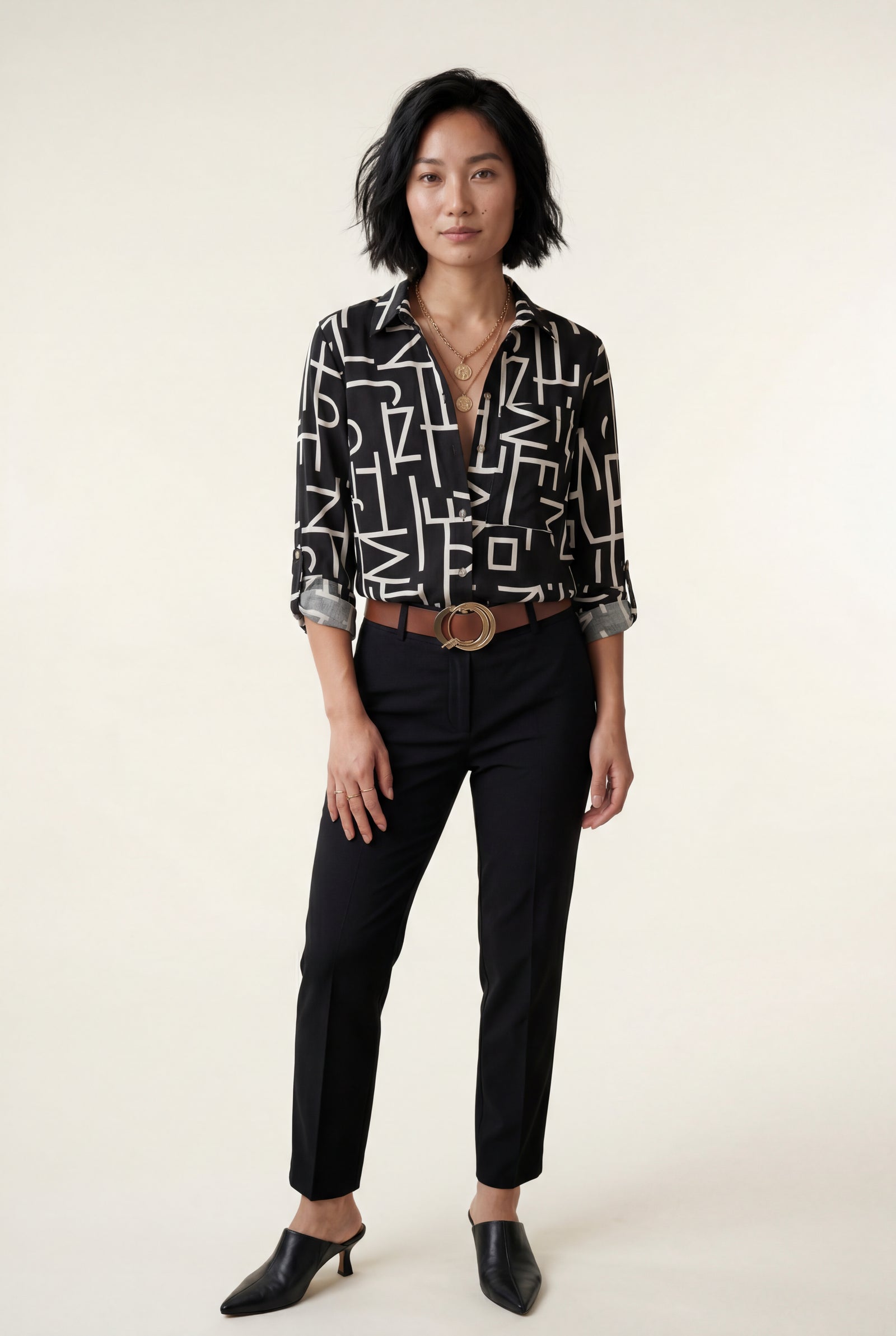 Black Abstract Print Button-up Blouse with Roll-tab Sleeves - Blouses - Photo 1