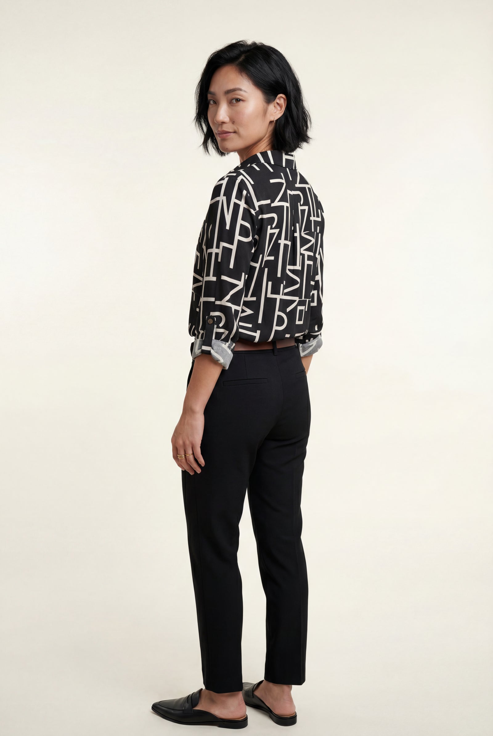 Black Abstract Print Button-up Blouse with Roll-tab Sleeves - Blouses - Photo 2