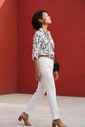 White Abstract Print Button-up Blouse with Roll-tab Sleeves - Blouses - Photo 5