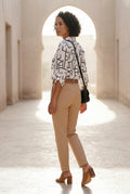 White Abstract Print Button-up Blouse with Roll-tab Sleeves - Blouses - Photo 7