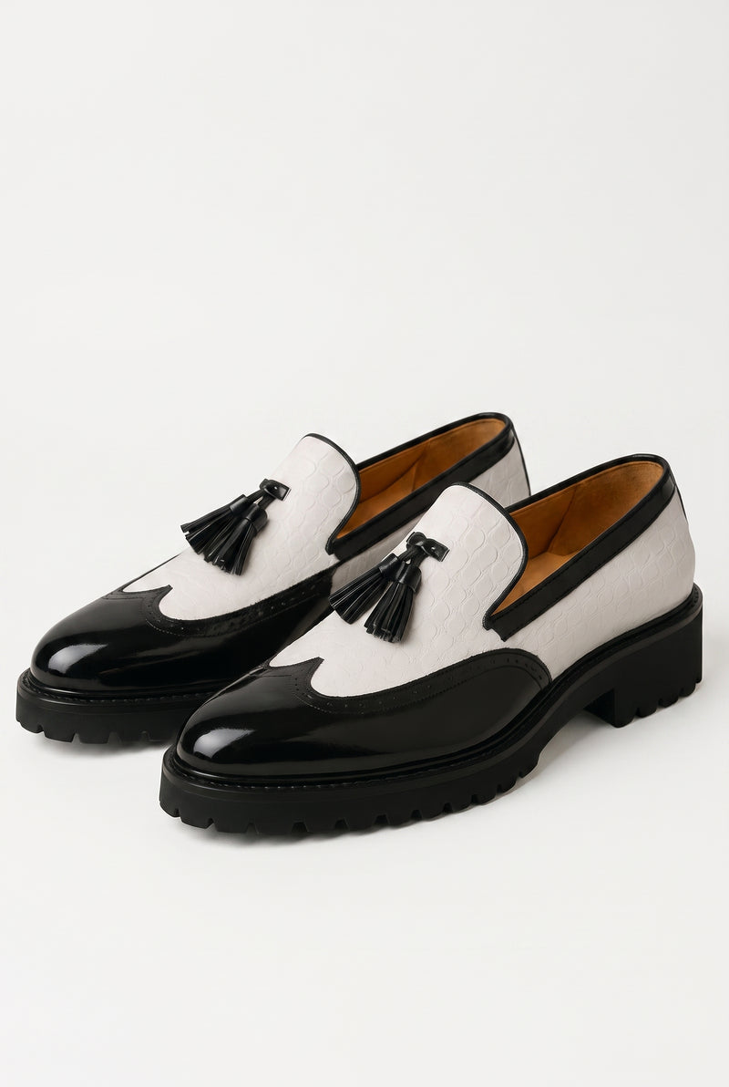 Men's Loafer Croc-Embossed Tassel in Black and White — product packshot