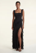 Black Asymmetric Ruffle Maxi Dress with High Slit - Photo 13