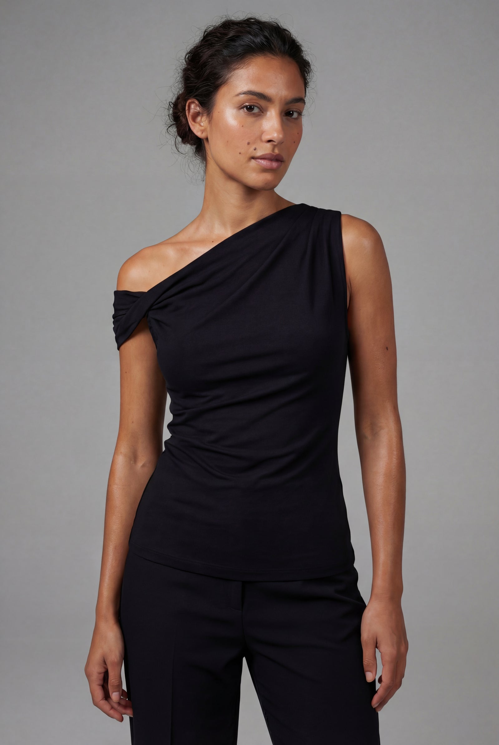 Black Asymmetrical One Shoulder Draped Top with Single Sleeve - One shoulder top - Photo 5