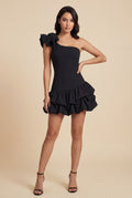 Black Asymmetrical One-shoulder Mini Dress with 3d Rosette Hem - Cocktail dress - Photo 5