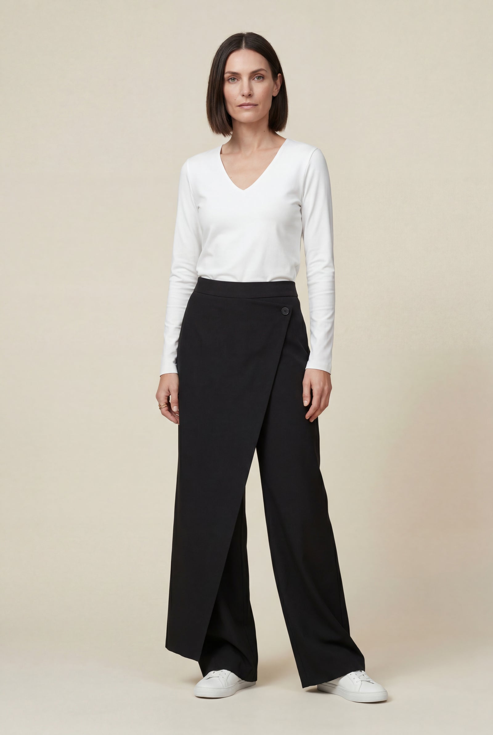 Black Asymmetrical Wrap Front Wide Leg Trousers - Photo 1
