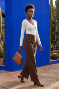 Brown Asymmetrical Wrap Front Wide Leg Trousers - Photo 3