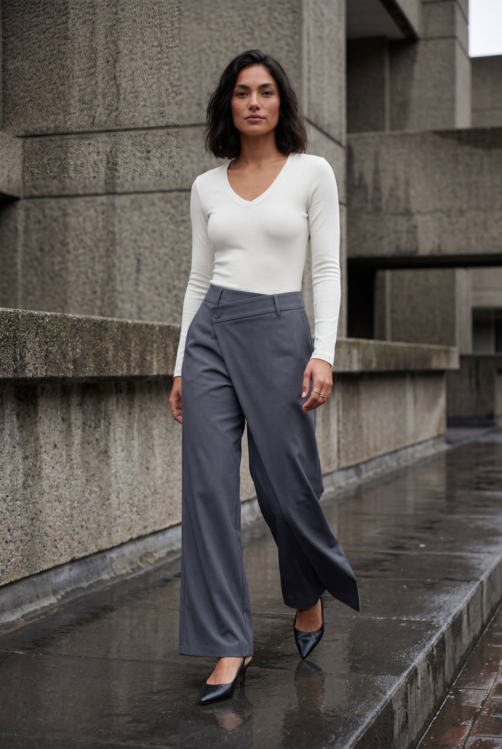 Gray Asymmetrical Wrap Front Wide Leg Trousers - Photo 8