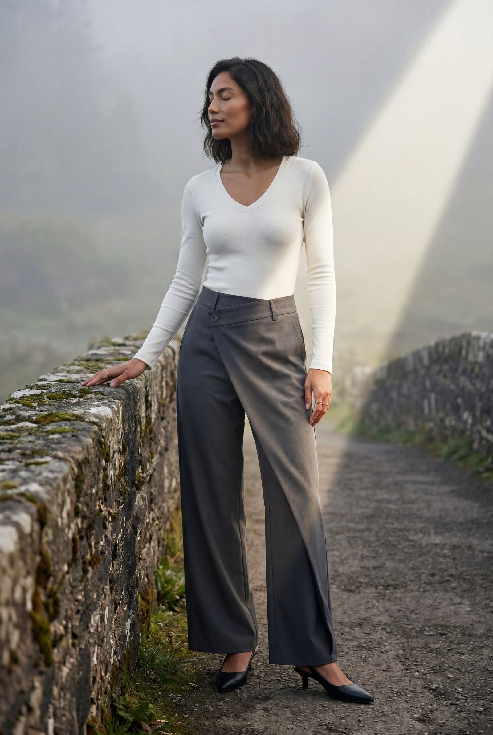 Gray Asymmetrical Wrap Front Wide Leg Trousers - Photo 9