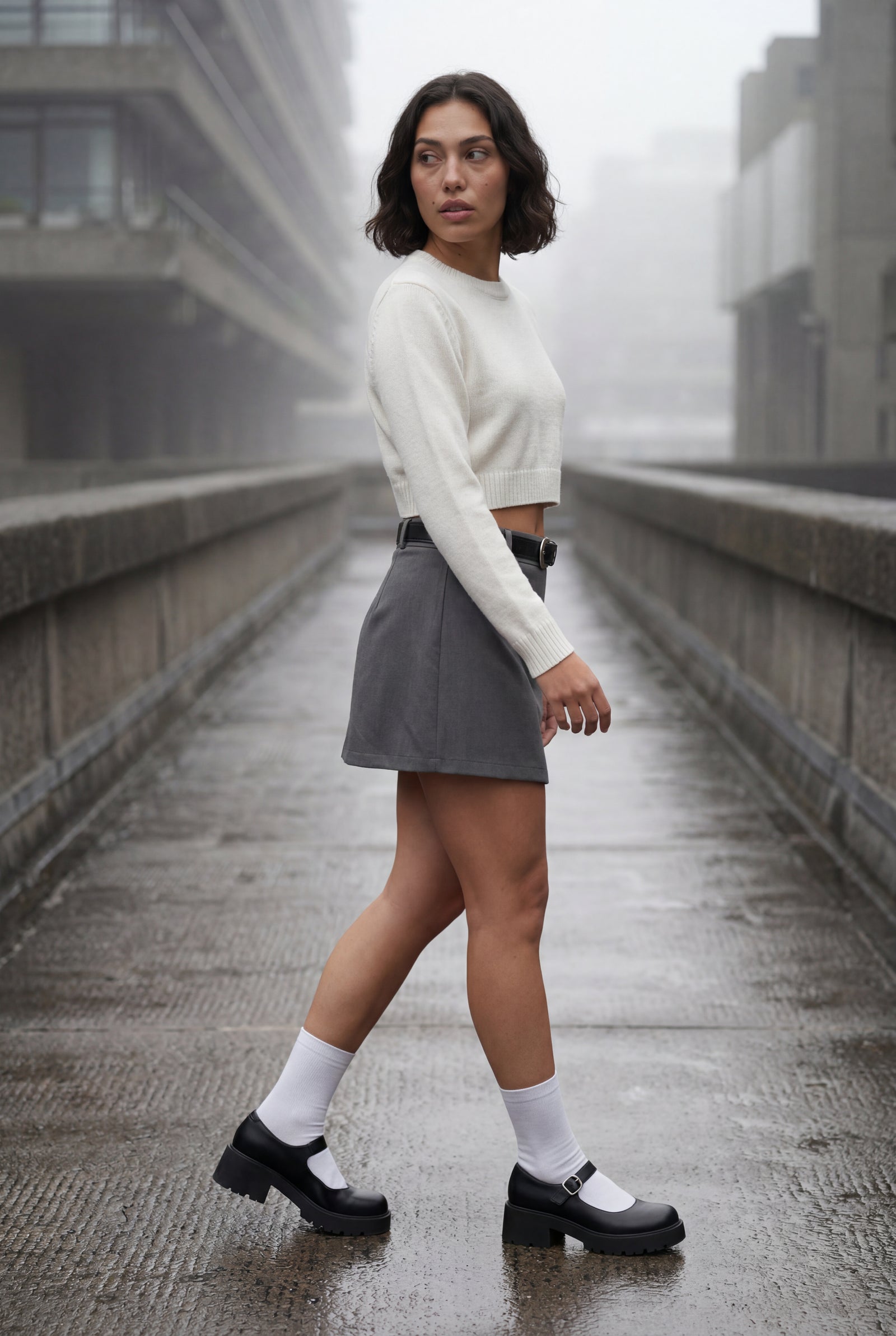 Gray Belted A-line Mini Skirt with Built-in Shorts - Photo 5