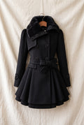Belted Faux-Fur Collar Coat in Black — studio front
