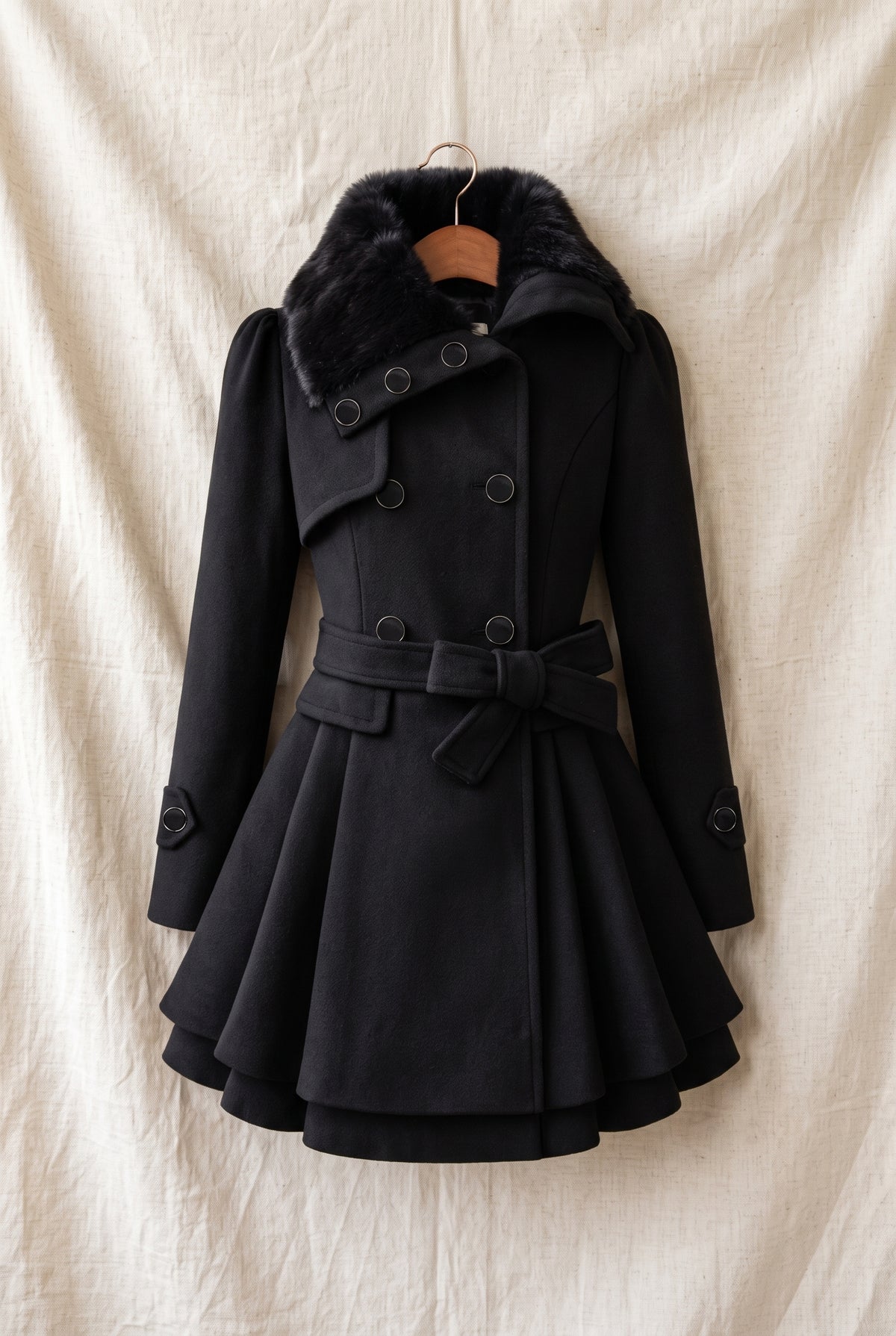 Belted Faux-Fur Collar Coat in Black — studio front