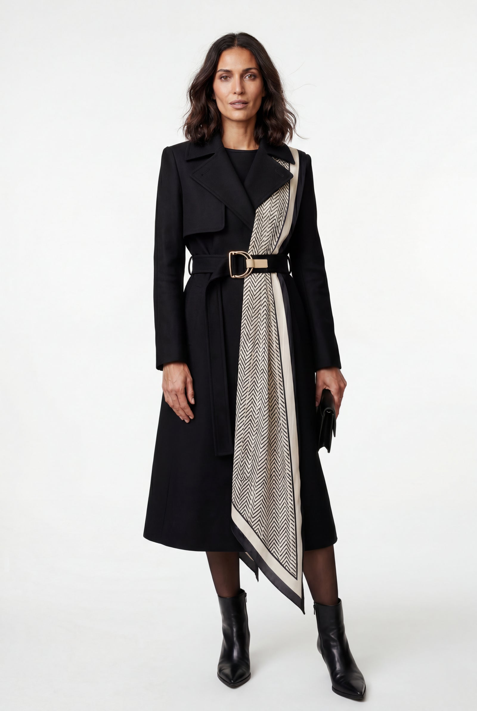 Black Belted Midi Trench Coat with Geometric Scarf Detail - Trench coats - Photo 5