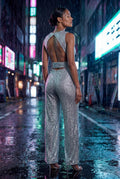 Silver Belted Sleeveless Wide-leg Jumpsuit - Sequin jumpsuit - Photo 12