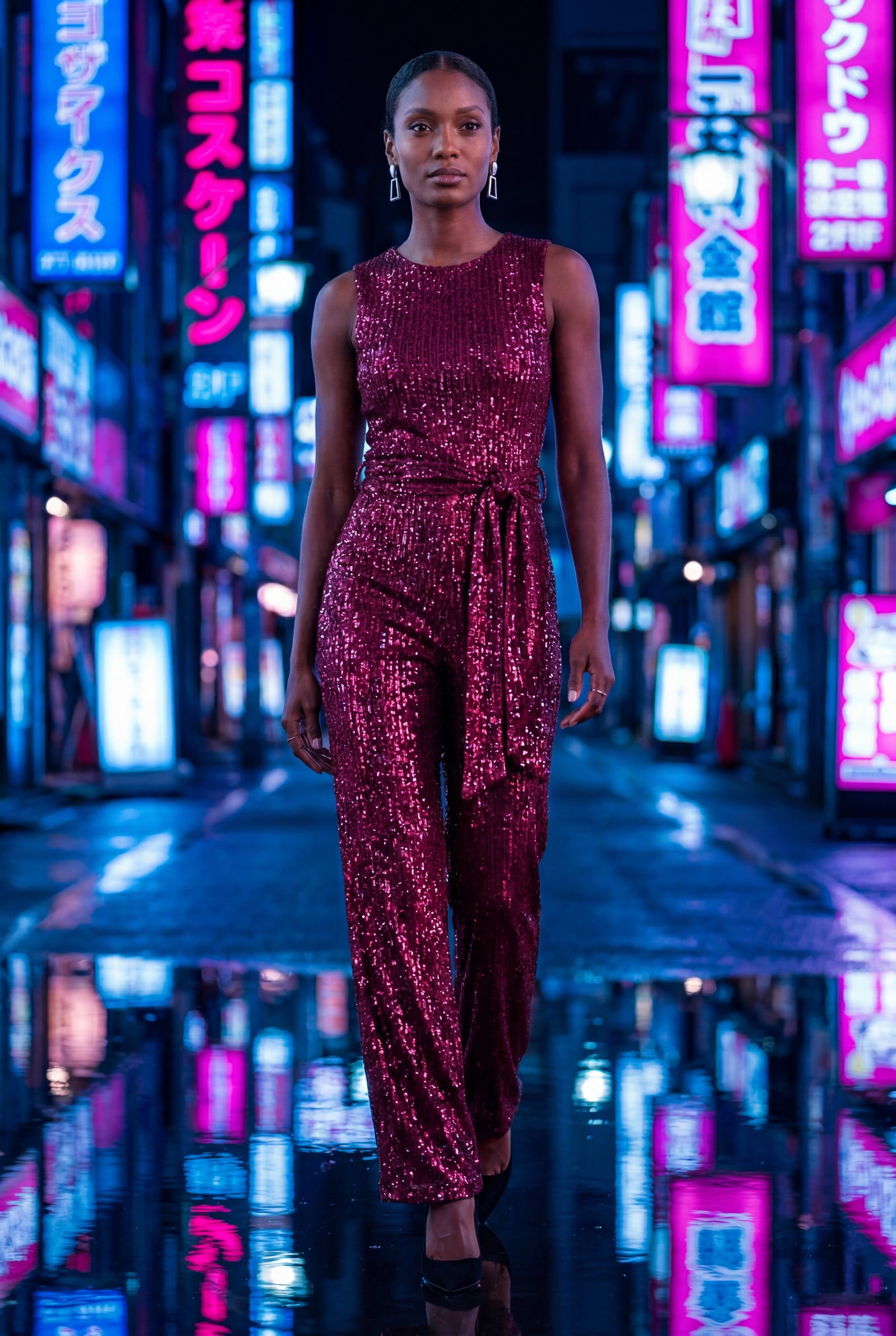 Red Belted Sleeveless Wide-leg Jumpsuit - Sequin jumpsuit - Photo 13