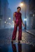 Red Belted Sleeveless Wide-leg Jumpsuit - Sequin jumpsuit - Photo 14