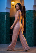 Pink Belted Sleeveless Wide-leg Jumpsuit - Sequin jumpsuit - Photo 5