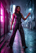Black Belted Sleeveless Wide-leg Jumpsuit - Sequin jumpsuit - Photo 6