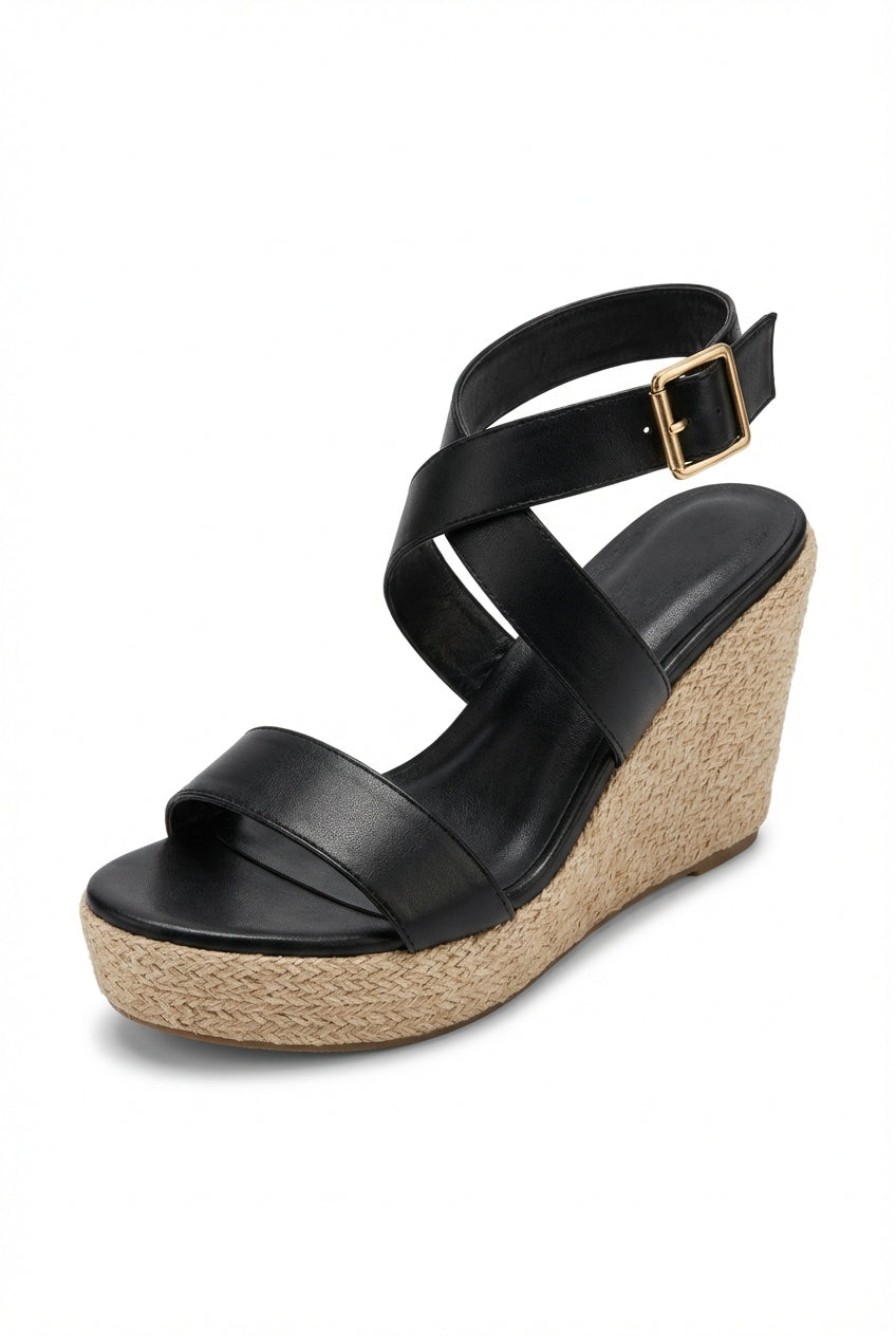 Black Black Criss Cross Strap Espadrille Wedge Sandals - Photo 1