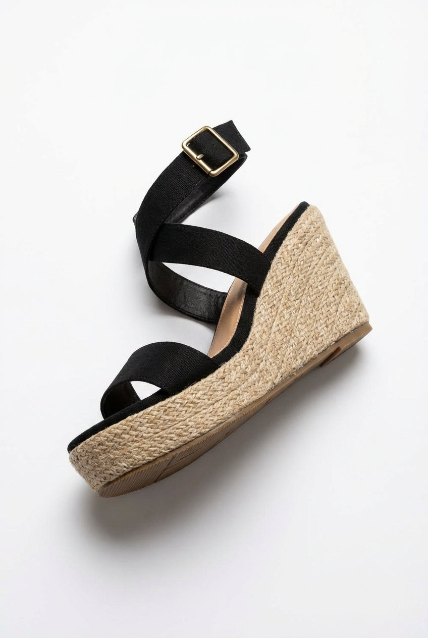 Black Black Criss Cross Strap Espadrille Wedge Sandals - Photo 2