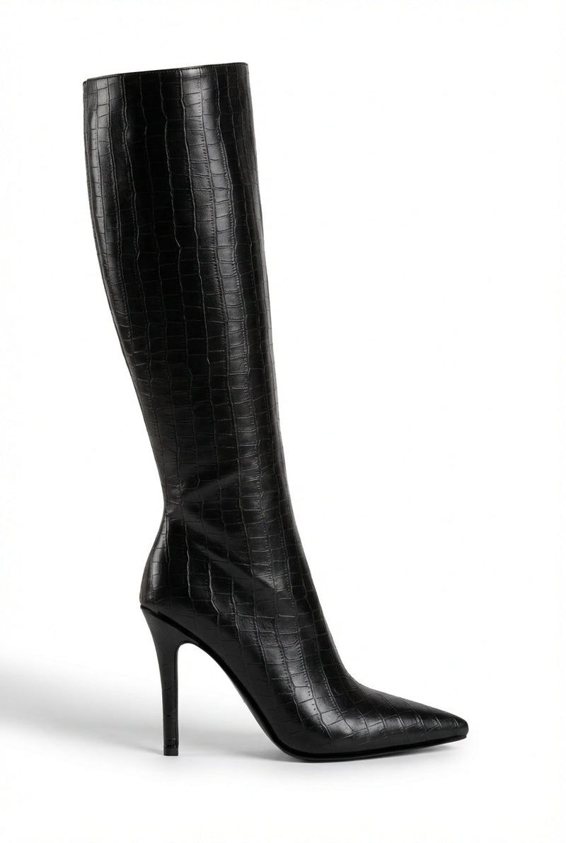 Black Black Croc-embossed Pointed Toe Stiletto Knee High Boots - Photo 1