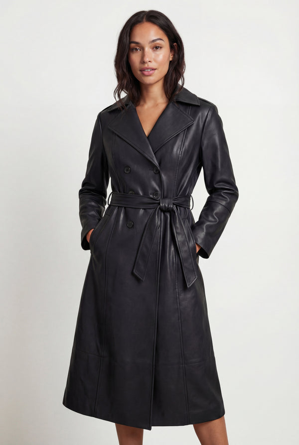 Black Black Double-breasted Belted Faux Trench Coat - Trench coats - Photo 1