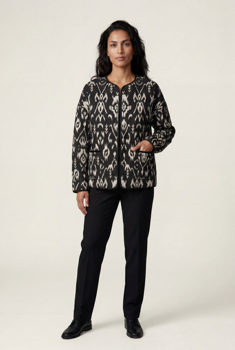 Black Black Ikat Print Quilted Short Jacket - Photo 1