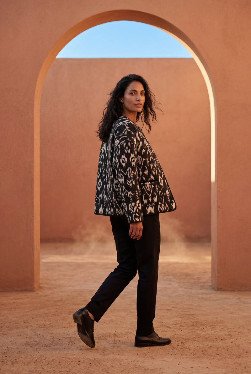 Black Black Ikat Print Quilted Short Jacket - Photo 4