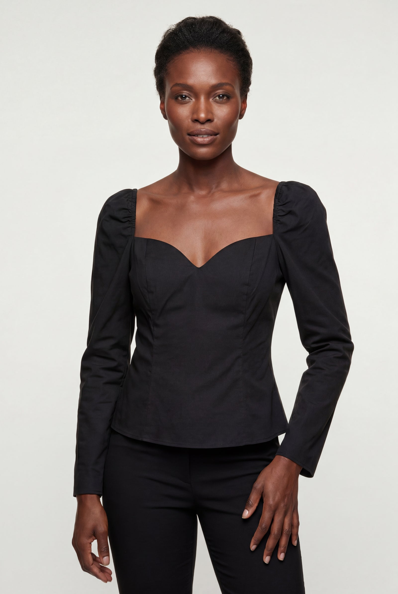 Black Black Long Sleeve Sweetheart Neck Fitted Bodysuit - Bodysuits - Photo 1