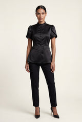Black Black Mandarin Collar Fitted Short Sleeve Blouse - Fitted blouse - Photo 1