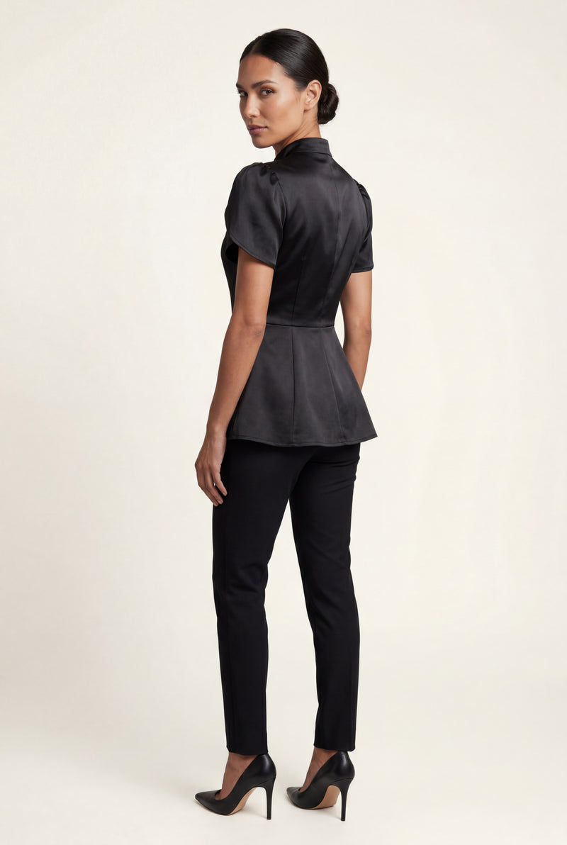 Black Black Mandarin Collar Fitted Short Sleeve Blouse - Fitted blouse - Photo 2