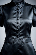 Black Black Mandarin Collar Fitted Short Sleeve Blouse - Fitted blouse - Photo 3