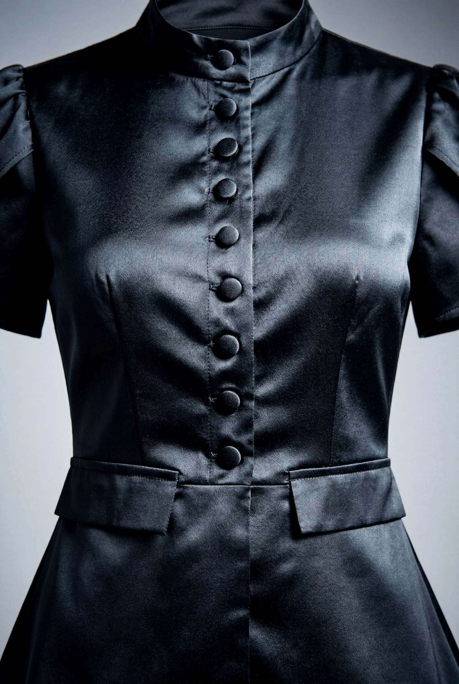 Black Black Mandarin Collar Fitted Short Sleeve Blouse - Fitted blouse - Photo 3