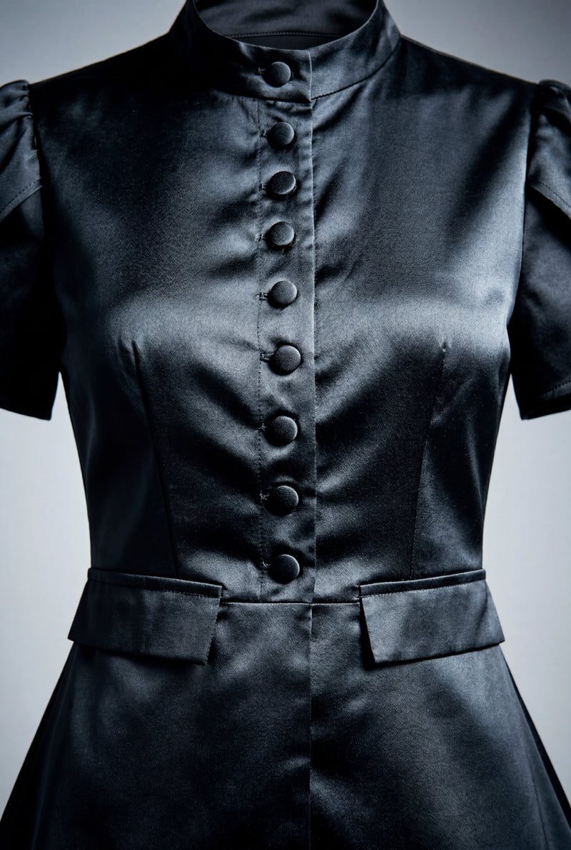 Black Black Mandarin Collar Fitted Short Sleeve Blouse - Fitted blouse - Photo 3