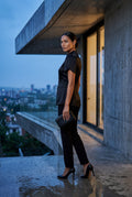 Black Black Mandarin Collar Fitted Short Sleeve Blouse - Fitted blouse - Photo 4