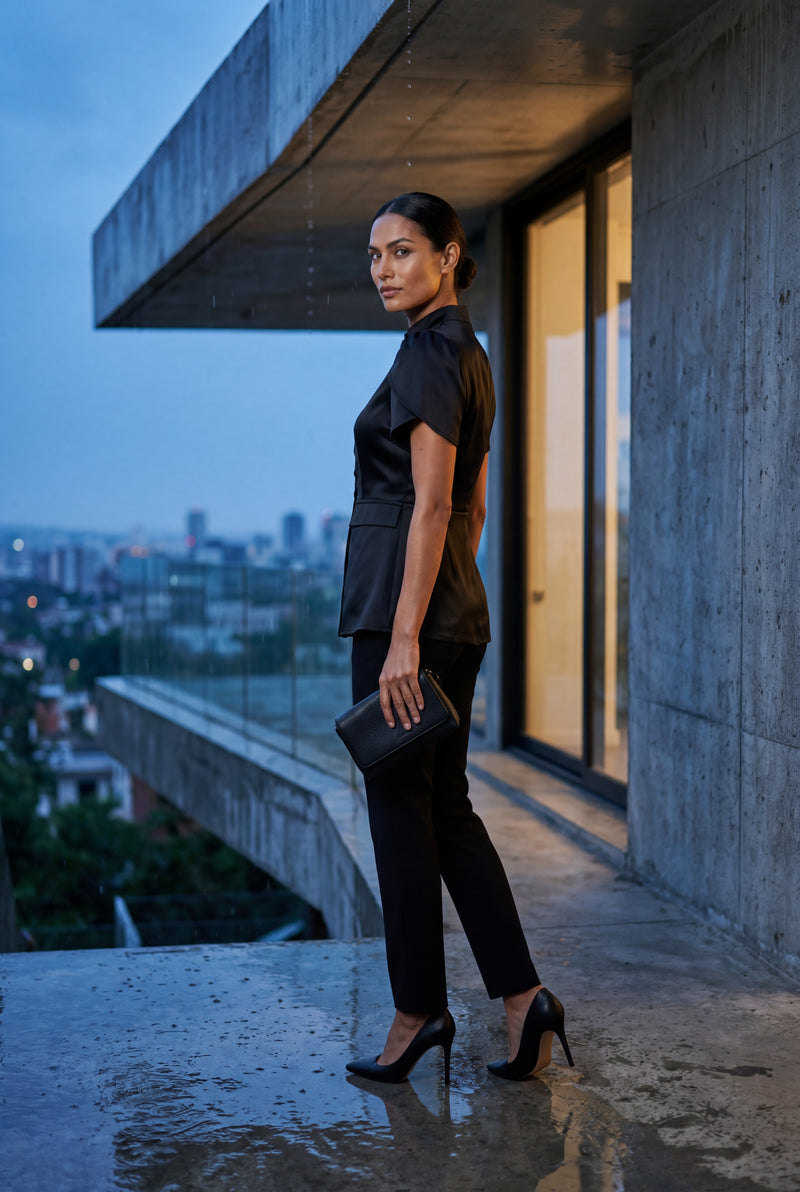 Black Black Mandarin Collar Fitted Short Sleeve Blouse - Fitted blouse - Photo 4