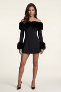 Black Black Off-shoulder Faux Fur Trim Mini Dress - Off-shoulder mini dress - Photo 1
