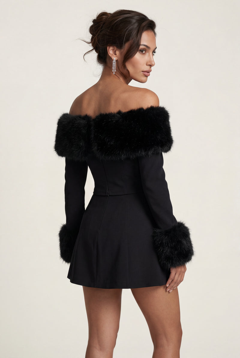 Black Black Off-shoulder Faux Fur Trim Mini Dress - Off-shoulder mini dress - Photo 2